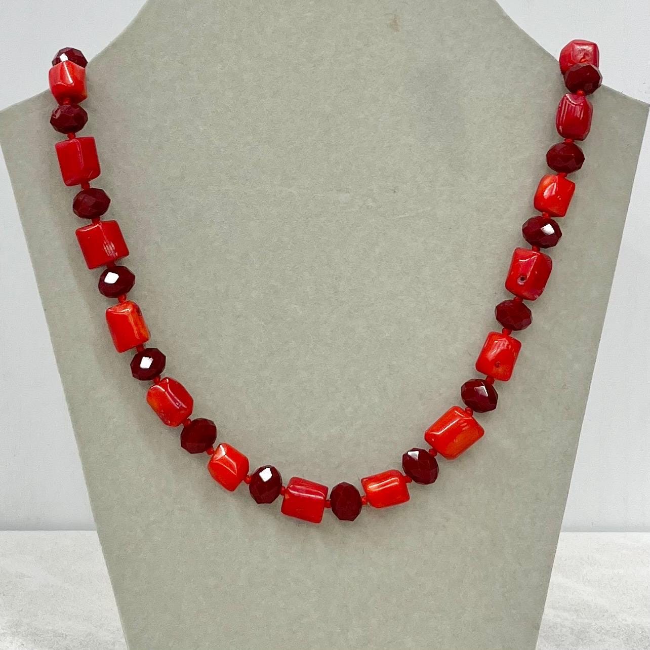 Antique Vintage Red Coral Barrel Bead Necklace with Faceted Ruby Coloured Beads Hand Knotted MillyOliverVintage
