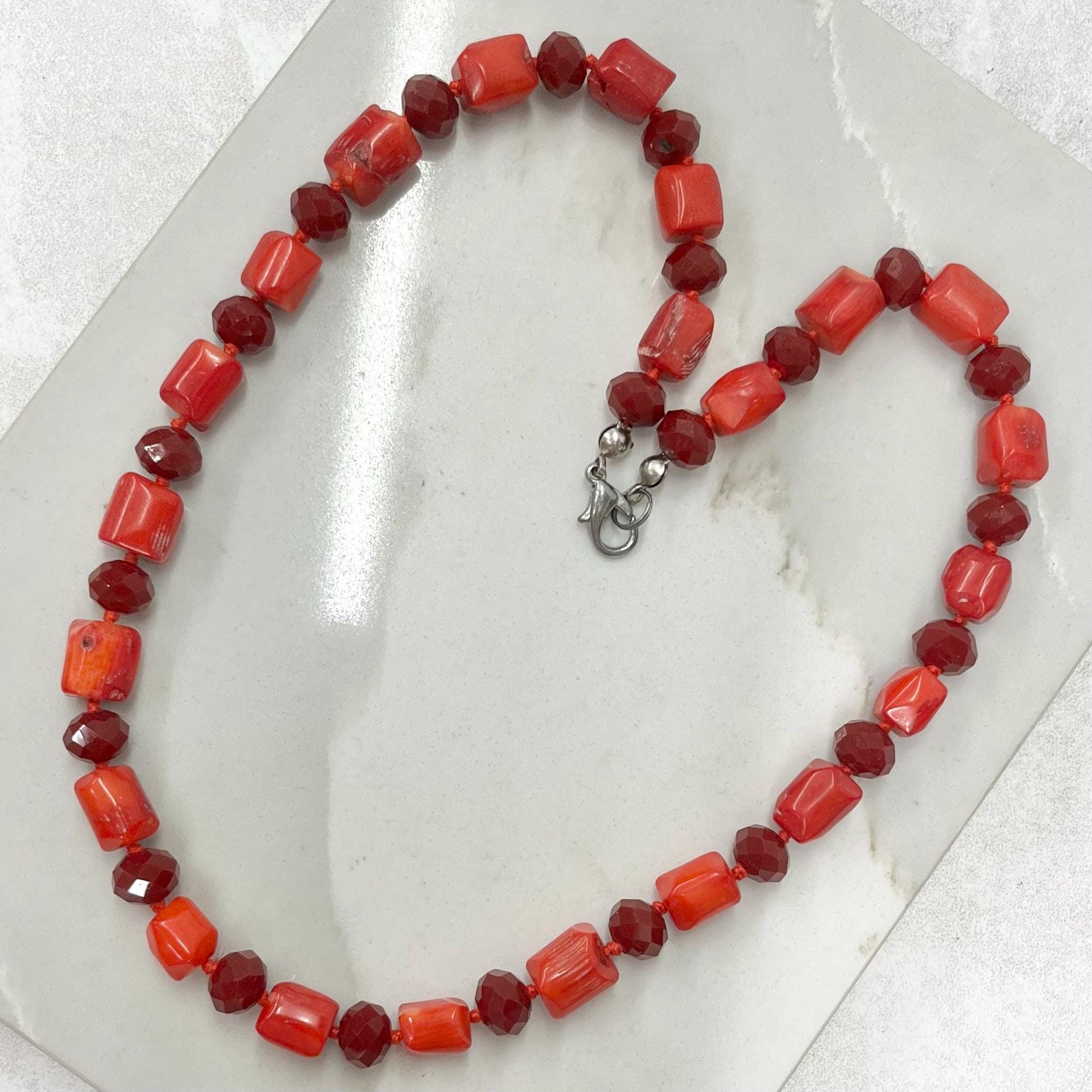 Antique Vintage Red Coral Barrel Bead Necklace with Faceted Ruby Coloured Beads Hand Knotted MillyOliverVintage