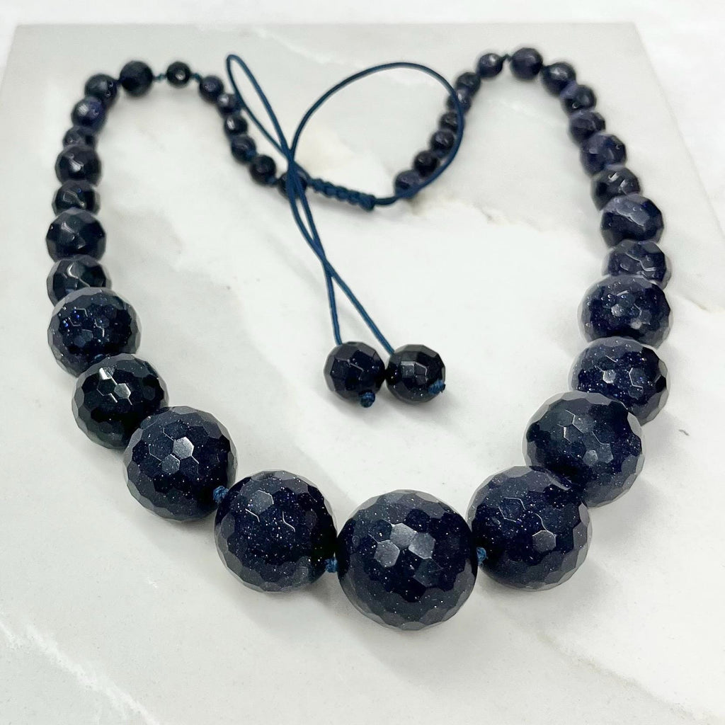 Vintage Blue Goldstone Faceted Graduated Bead Necklace Excellent Quality Beads Vintage Jewellery Hand Knotted Adjustable Length MillyOliverVintage