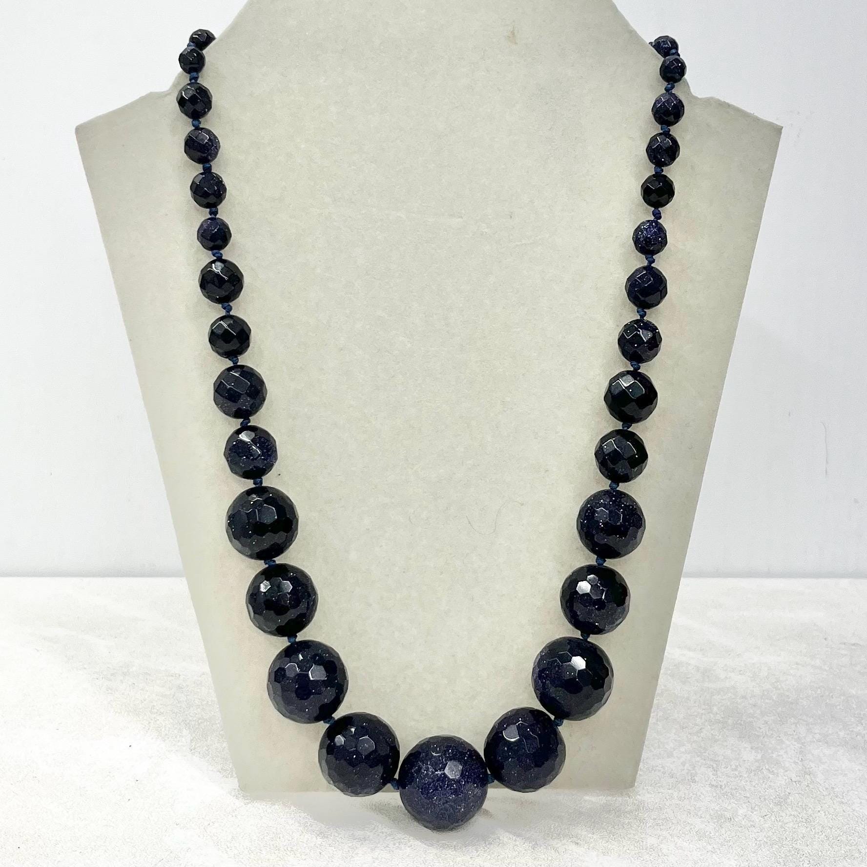 Vintage Blue Goldstone Faceted Graduated Bead Necklace Excellent Quality Beads Vintage Jewellery Hand Knotted Adjustable Length MillyOliverVintage