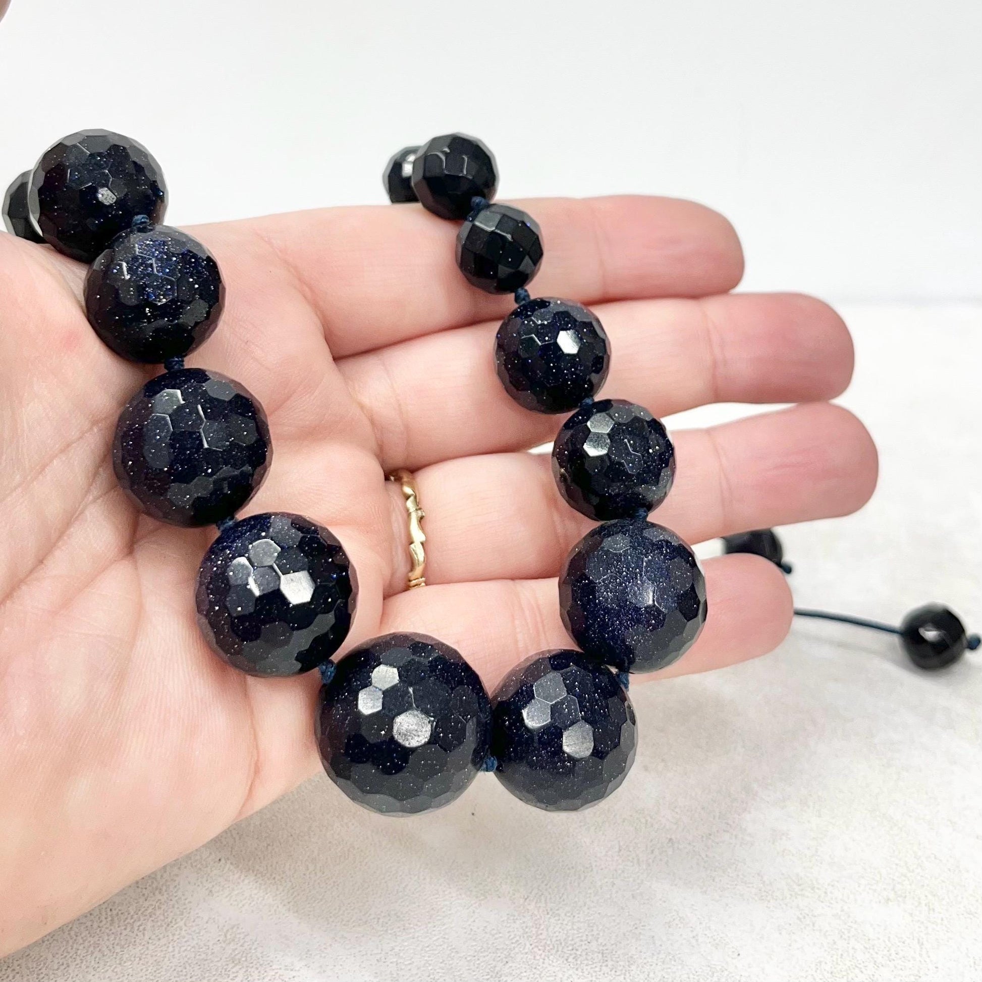 Vintage Blue Goldstone Faceted Graduated Bead Necklace Excellent Quality Beads Vintage Jewellery Hand Knotted Adjustable Length MillyOliverVintage