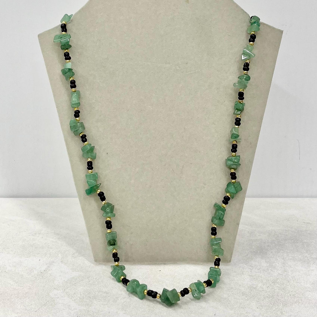 Vintage Green Aventurine Chip Bead Necklace Semi Precious with Black & Gold Accents 24” Long MillyOliverVintage