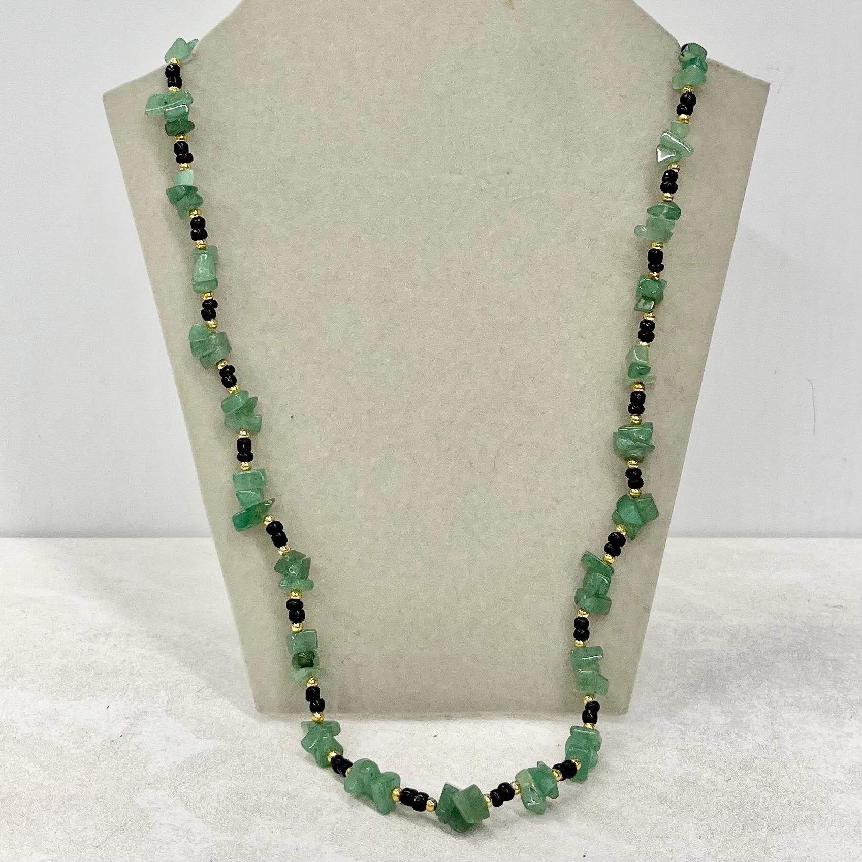 Vintage Green Aventurine Chip Bead Necklace Semi Precious with Black & Gold Accents 24” Long MillyOliverVintage