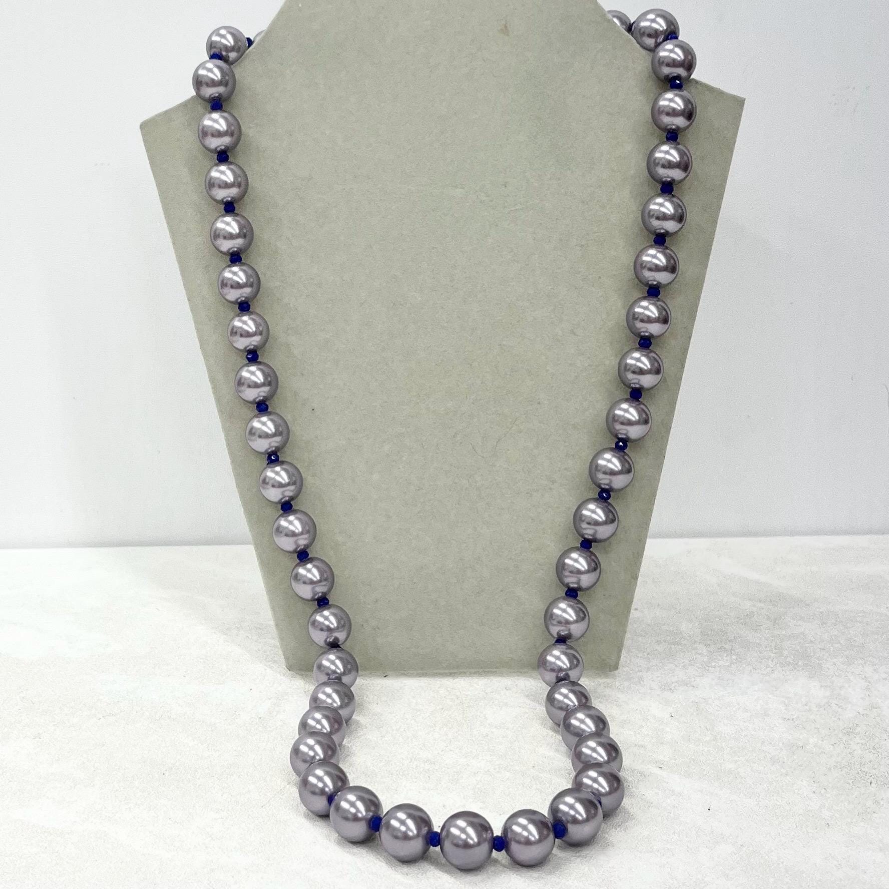 Vintage Chunky Lilac Purple & Royal Blue Glass Pearl Bead Necklace 27” Long MillyOliverVintage