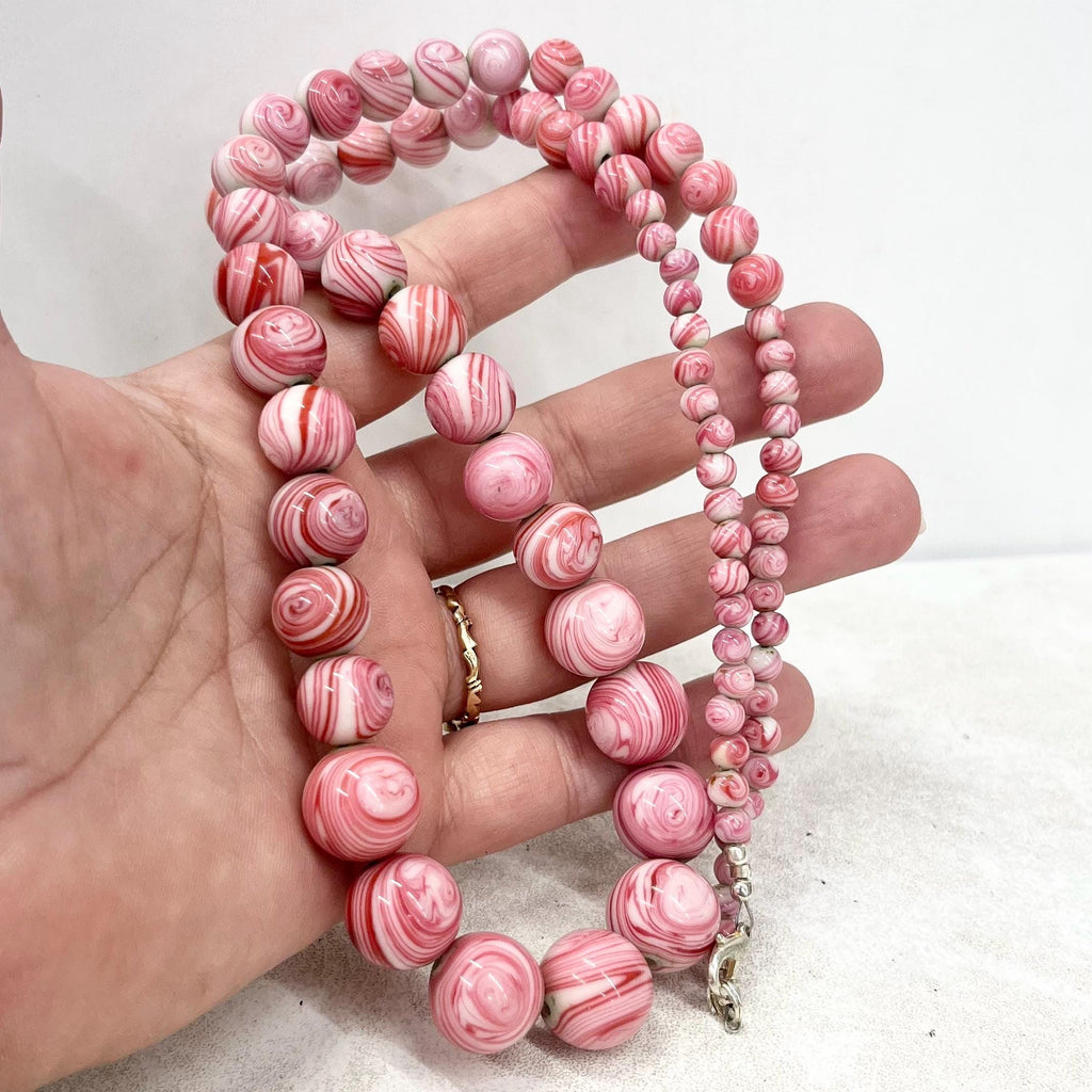 Art Deco Pink Swirl Graduated Glass Bead Necklace 27” Long MillyOliverVintage