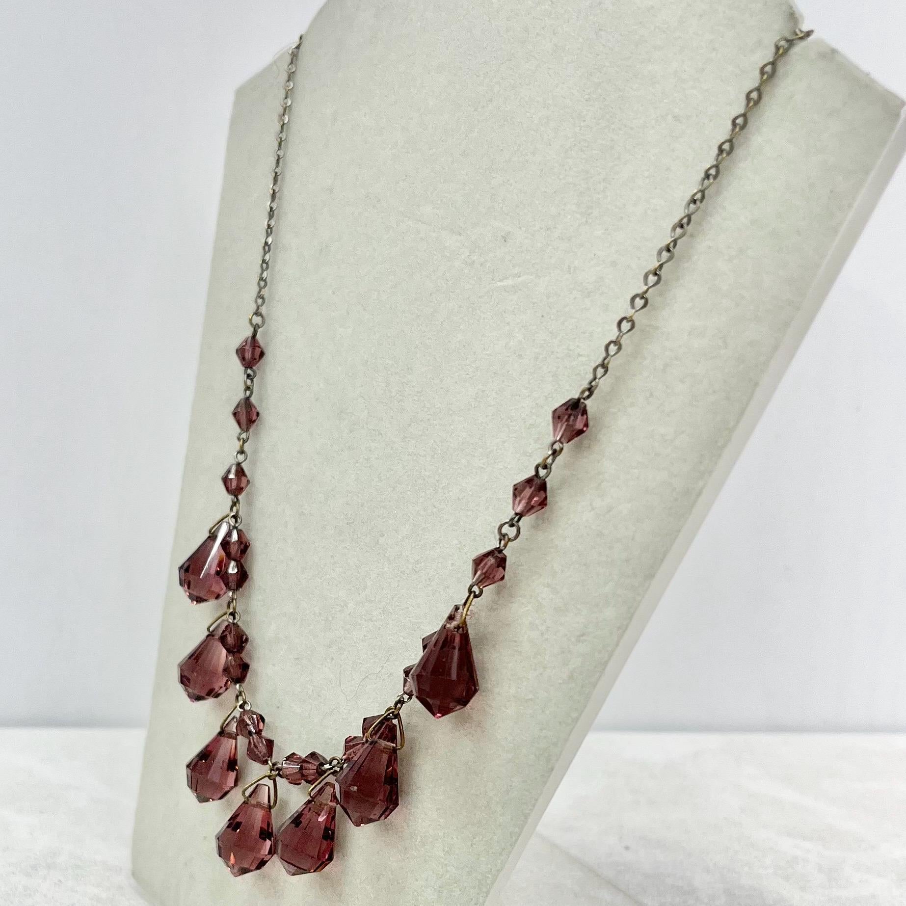 Antique Art Deco Amethyst Coloured Czech Glass Crystal Bead Drop Necklace Necklace 16.5” Long MillyOliverVintage