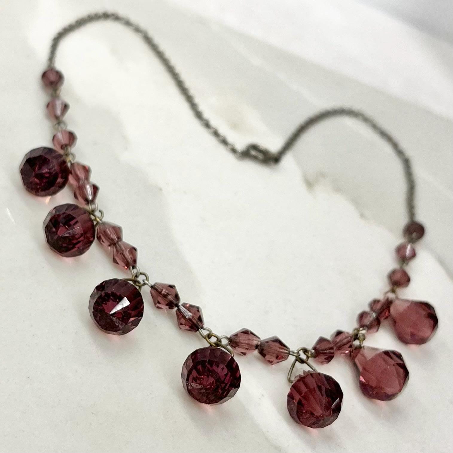 Antique Art Deco Amethyst Coloured Czech Glass Crystal Bead Drop Necklace Necklace 16.5” Long MillyOliverVintage