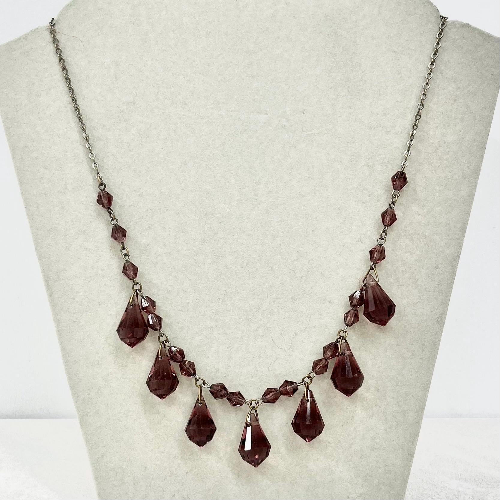 Antique Art Deco Amethyst Coloured Czech Glass Crystal Bead Drop Necklace Necklace 16.5” Long MillyOliverVintage