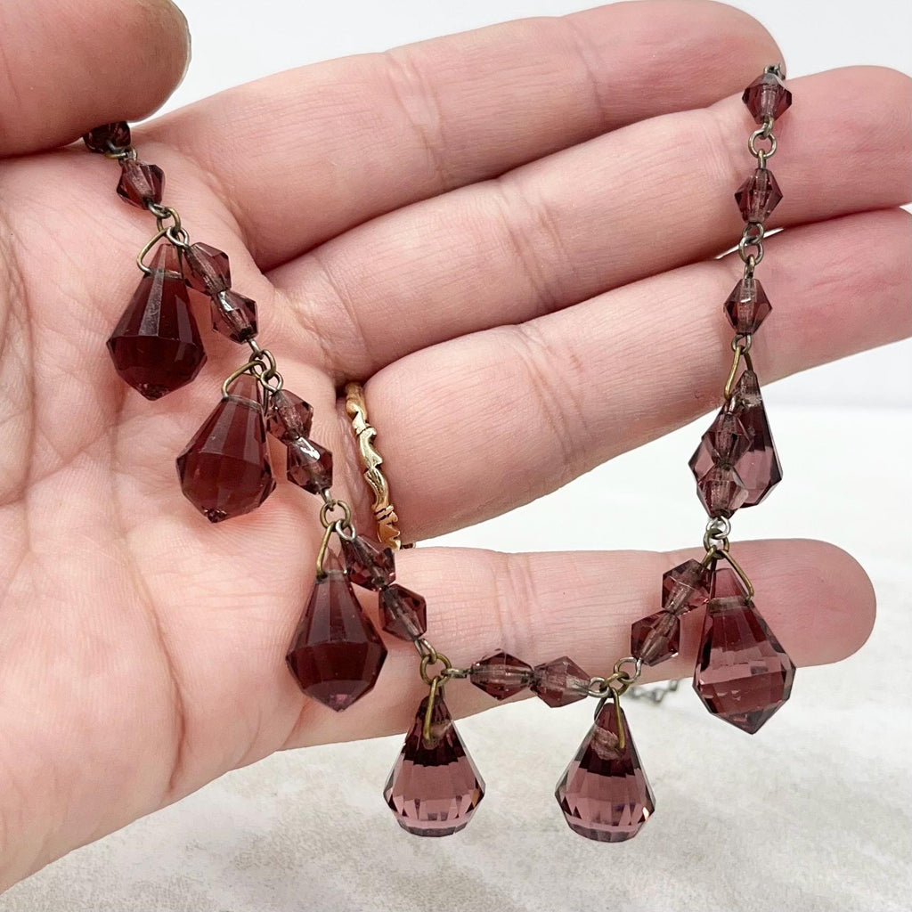 Antique Art Deco Amethyst Coloured Czech Glass Crystal Bead Drop Necklace Necklace 16.5” Long MillyOliverVintage