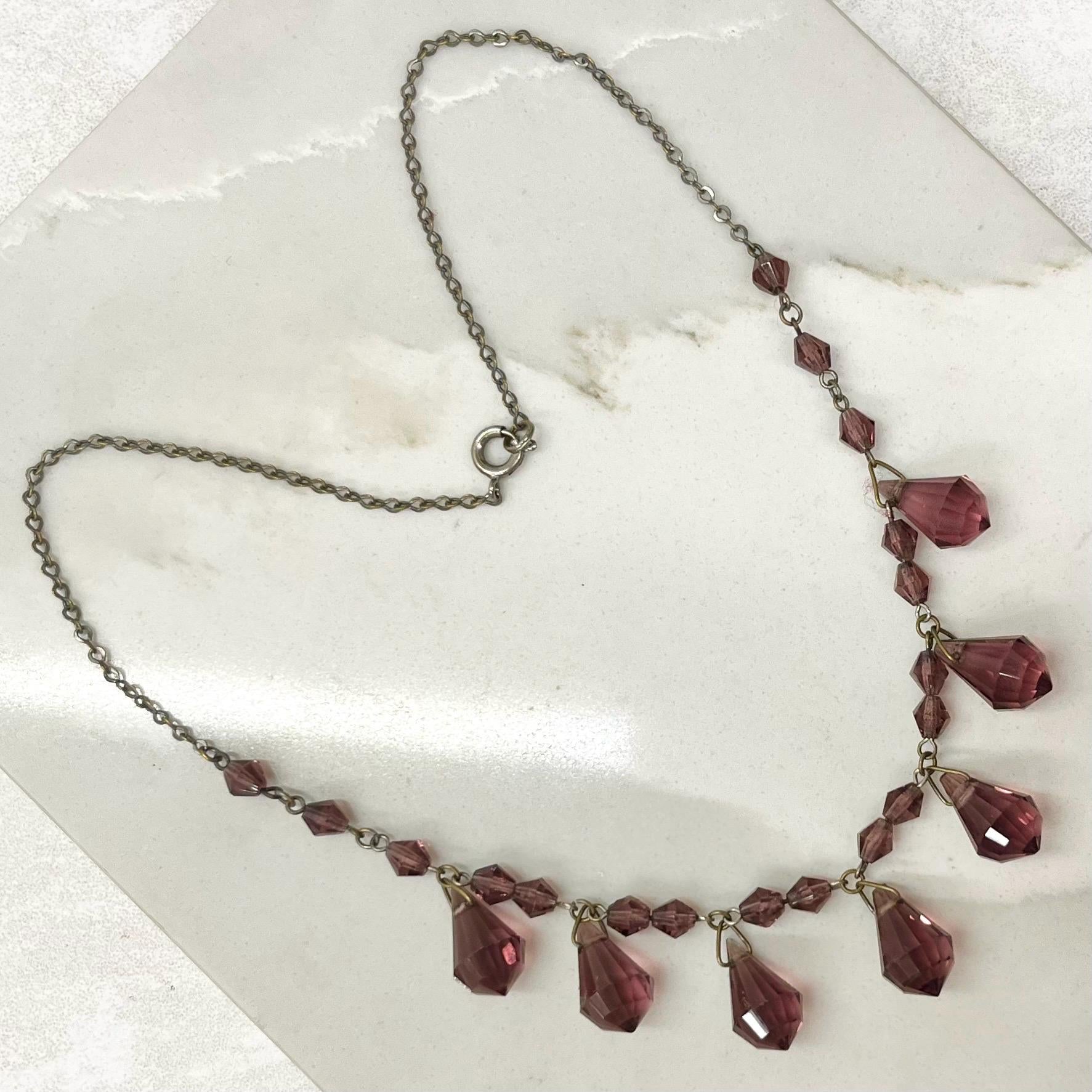 Antique Art Deco Amethyst Coloured Czech Glass Crystal Bead Drop Necklace Necklace 16.5” Long MillyOliverVintage