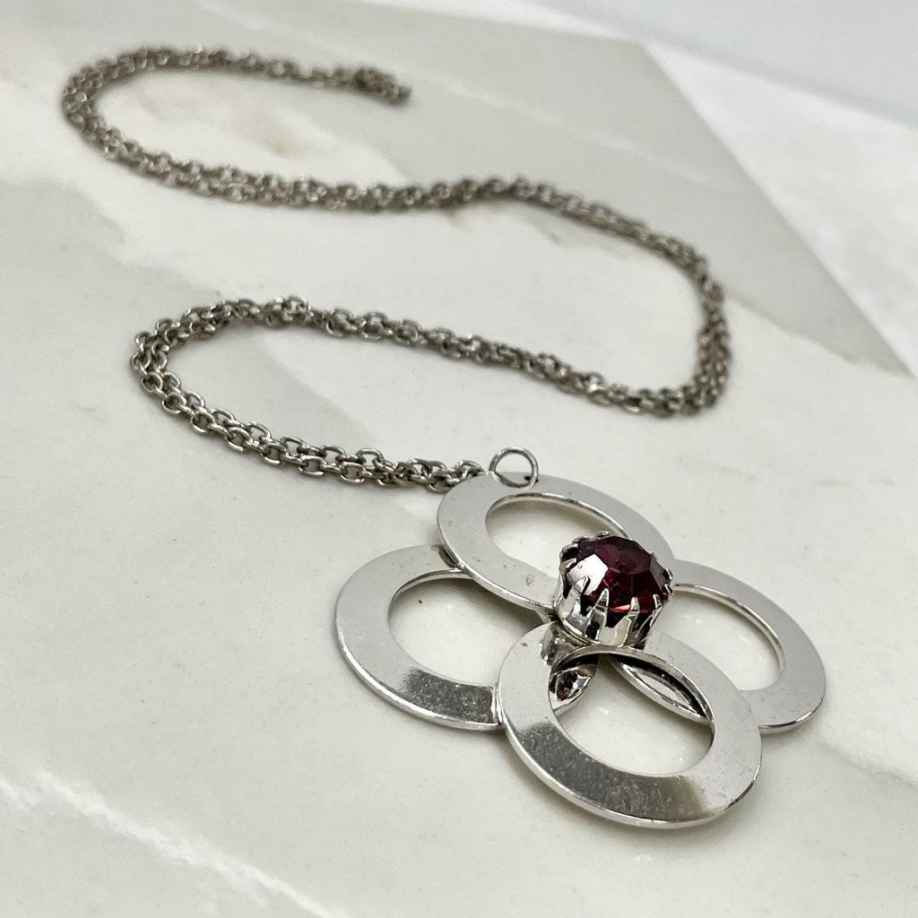 Vintage 1970‘s Stainless Steel Brutalist / Modernist Pendant Necklace with an Amethyst Crystal & 26” Curb Chain MillyOliverVintage
