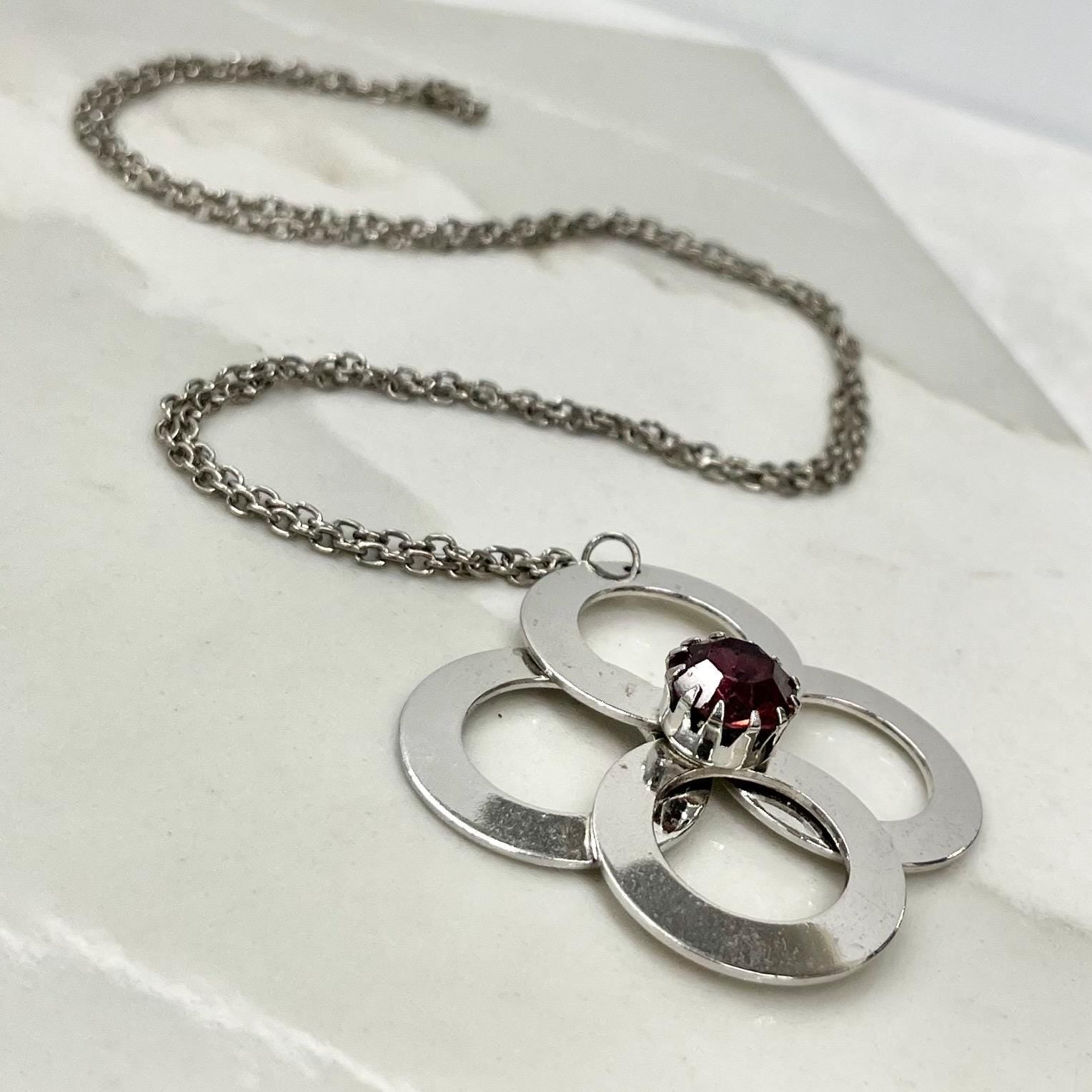 Vintage 1970‘s Stainless Steel Brutalist / Modernist Pendant Necklace with an Amethyst Crystal & 26” Curb Chain MillyOliverVintage