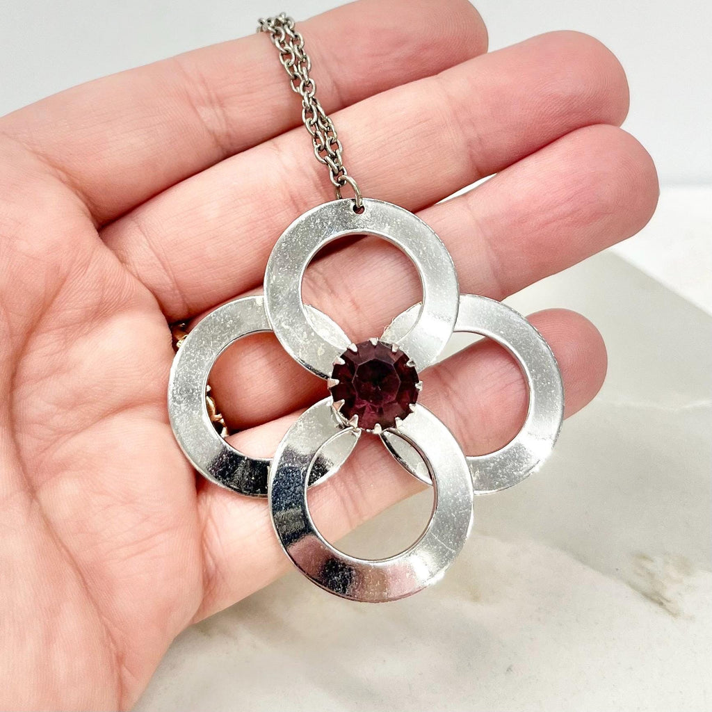 Vintage 1970‘s Stainless Steel Brutalist / Modernist Pendant Necklace with an Amethyst Crystal & 26” Curb Chain MillyOliverVintage