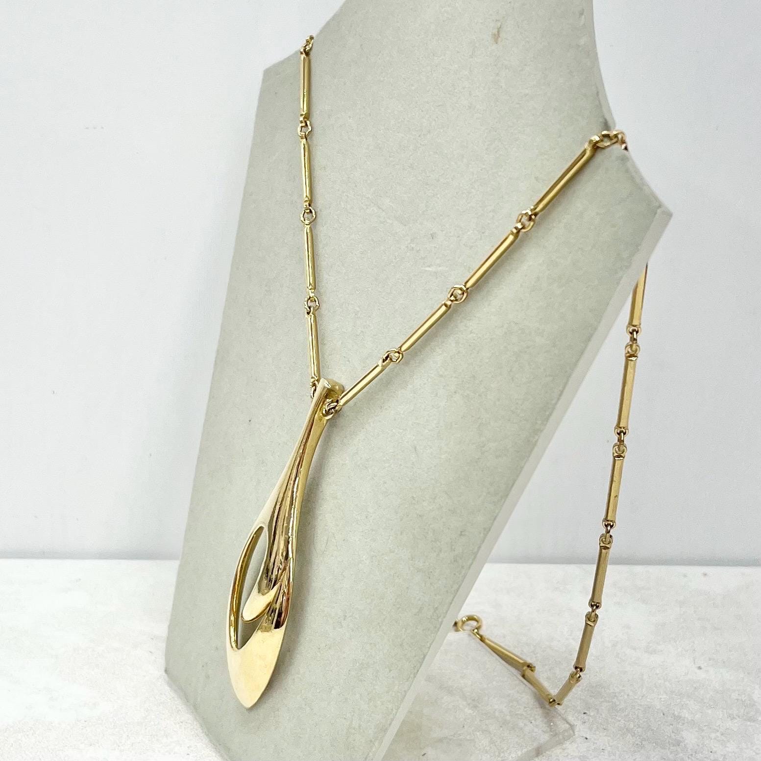 Vintage Corocraft Gold Plate Modernist Drop Pendant Necklace with an 24” Curb Chain MillyOliverVintage