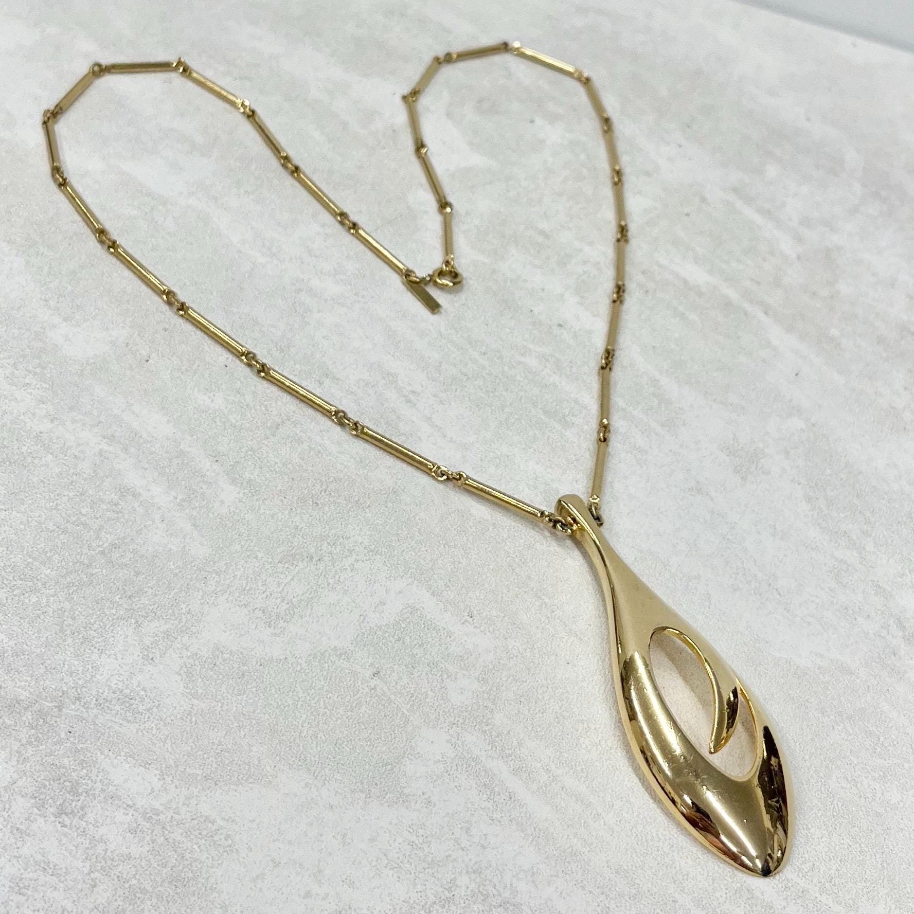 Vintage Corocraft Gold Plate Modernist Drop Pendant Necklace with an 24” Curb Chain MillyOliverVintage