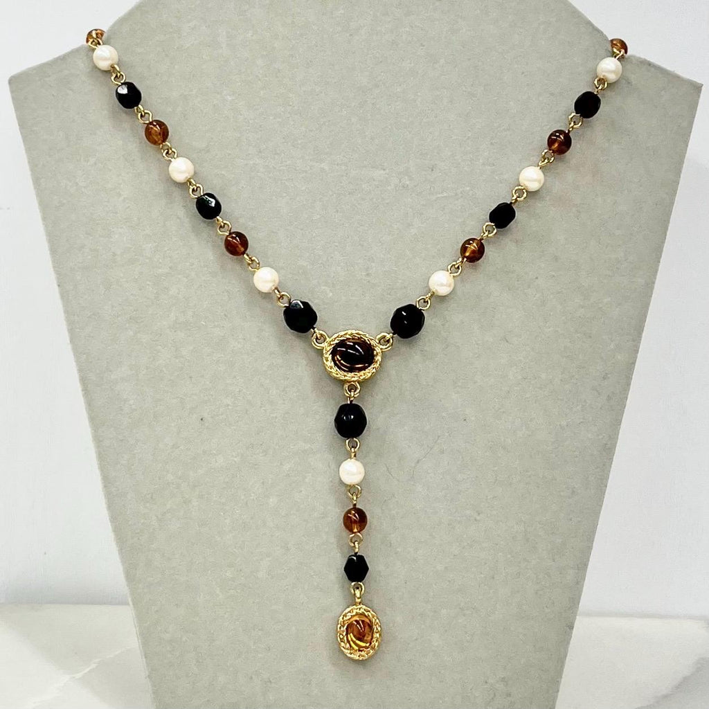 Vintage Monet Glass Pearl Black White & Brown Beaded Drop Necklace MillyOliverVintage