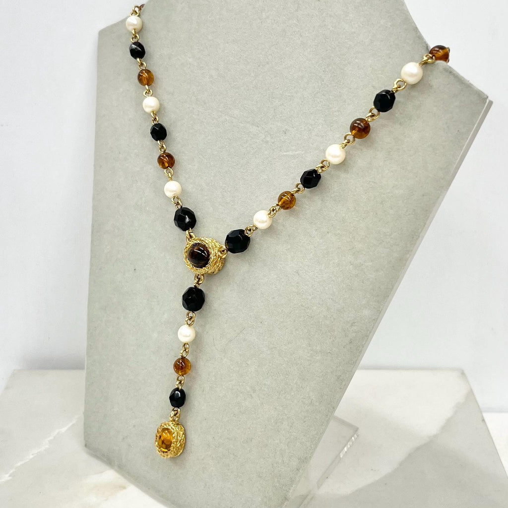 Vintage Monet Glass Pearl Black White & Brown Beaded Drop Necklace MillyOliverVintage
