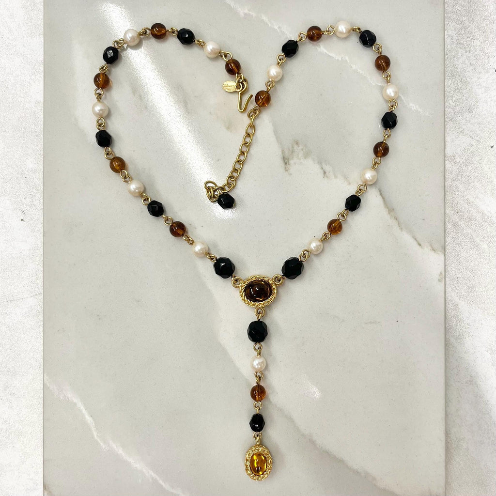 Vintage Monet Glass Pearl Black White & Brown Beaded Drop Necklace MillyOliverVintage