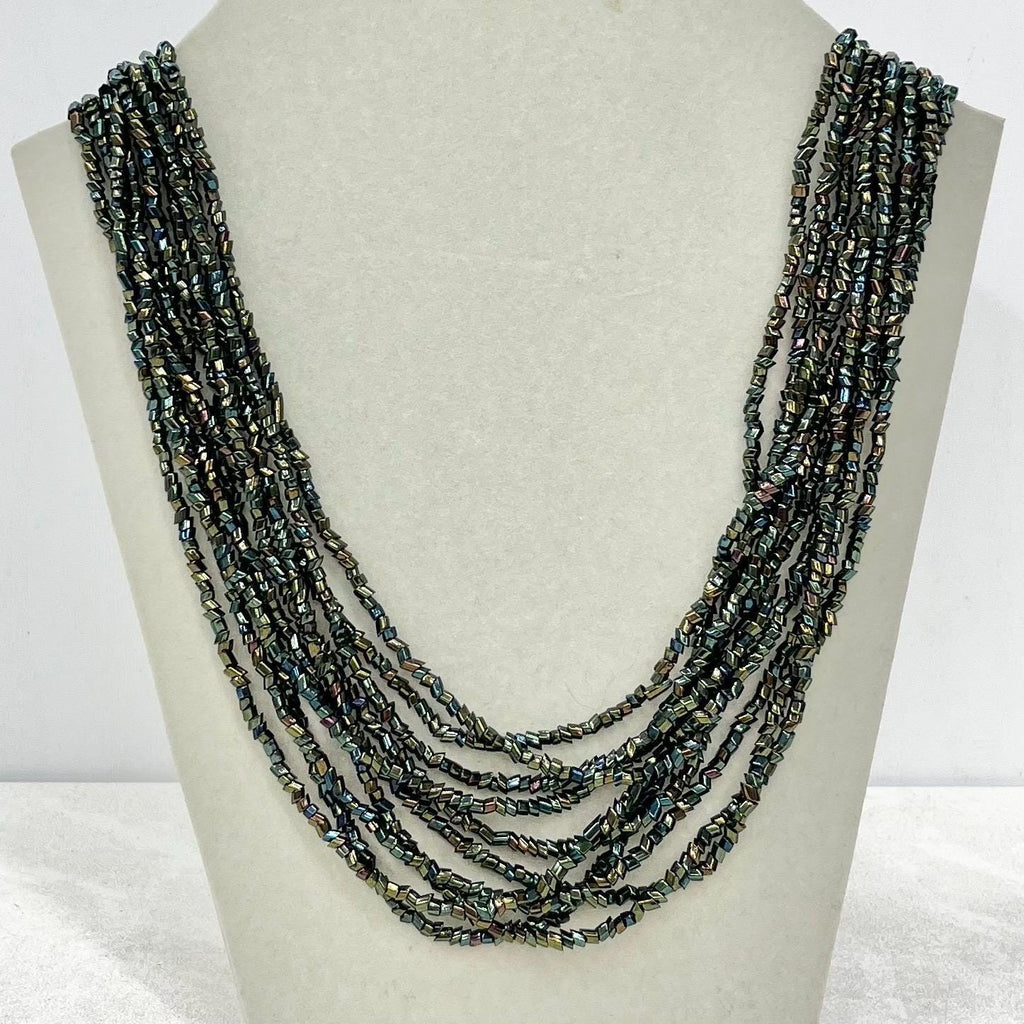 Vintage 10 Strand Green Iris Glass Bugle Bead Waterfall Necklace Multi Strand MillyOliverVintage
