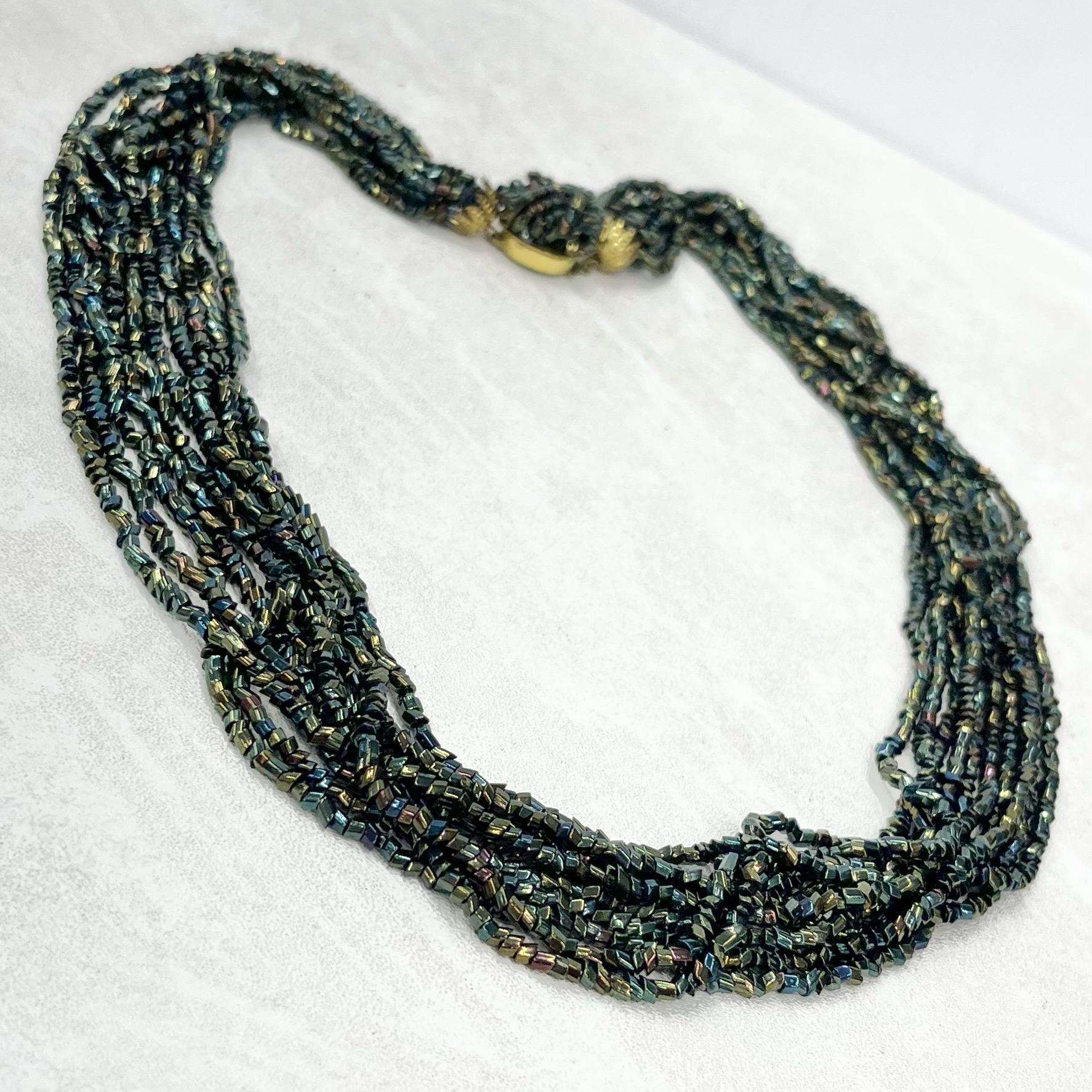 Vintage 10 Strand Green Iris Glass Bugle Bead Waterfall Necklace Multi Strand MillyOliverVintage
