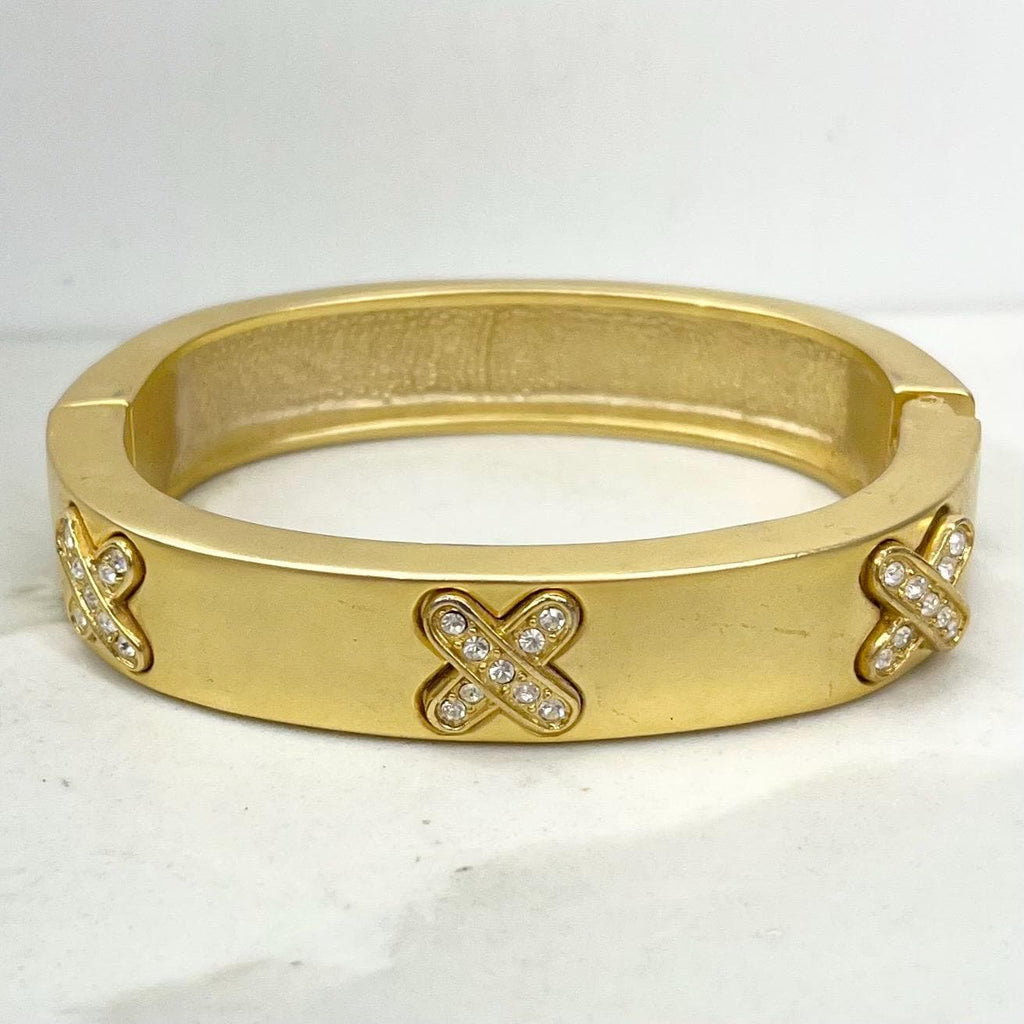 Vintage Chunky Matte Gold Plate 1980’s Bangle with Diamante Cross Details Costume Jewellery MillyOliverVintage