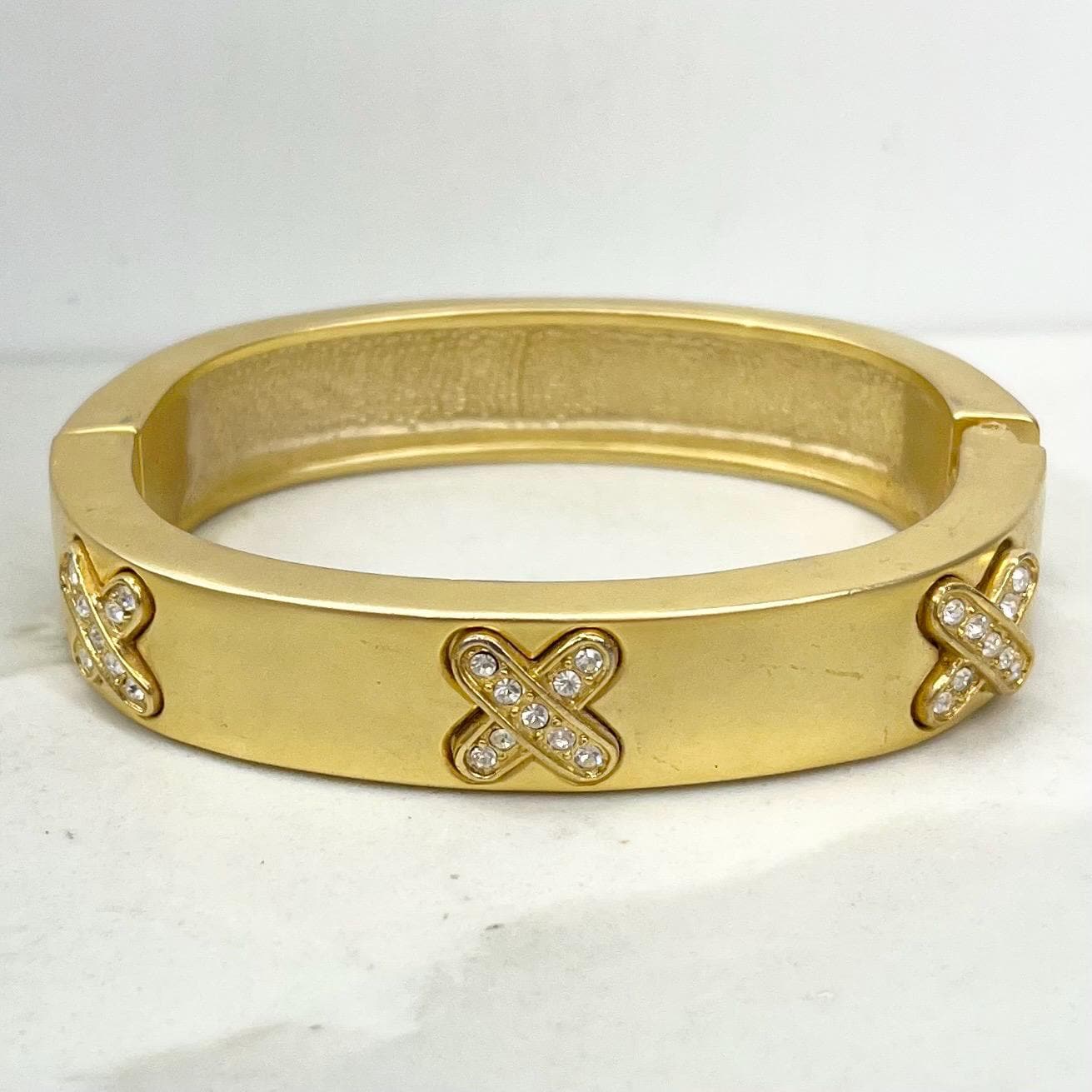 Vintage Chunky Matte Gold Plate 1980’s Bangle with Diamante Cross Details Costume Jewellery MillyOliverVintage