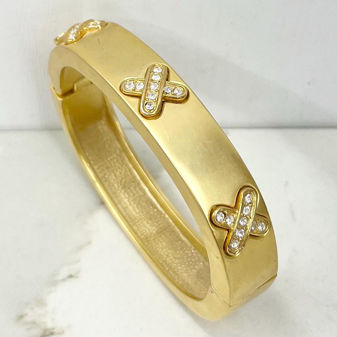 Vintage Chunky Matte Gold Plate 1980’s Bangle with Diamante Cross Details Costume Jewellery MillyOliverVintage