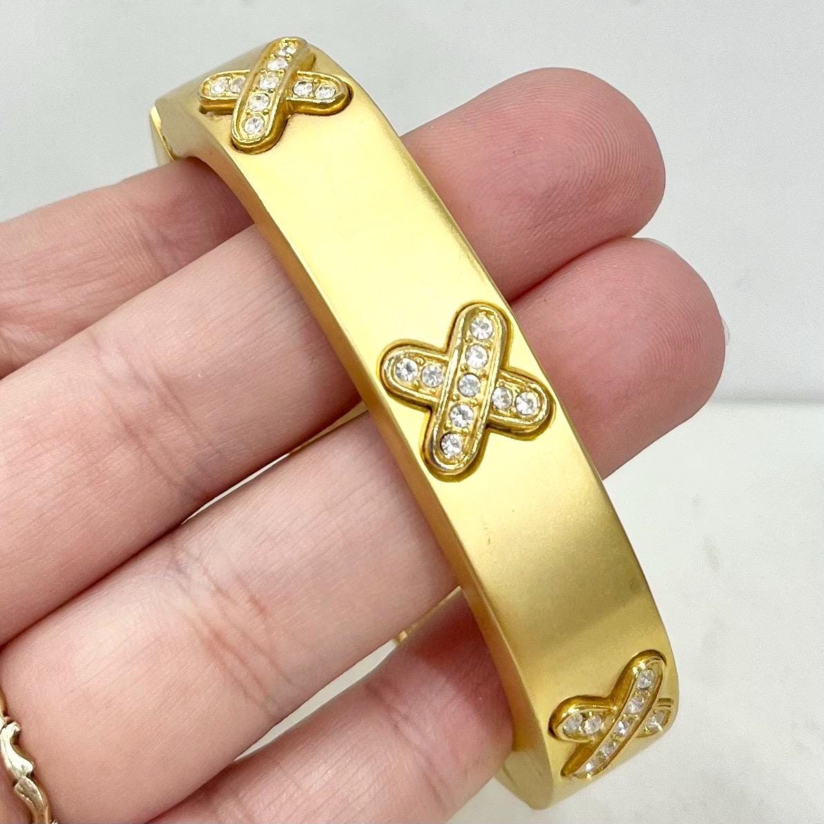 Vintage Chunky Matte Gold Plate 1980’s Bangle with Diamante Cross Details Costume Jewellery MillyOliverVintage
