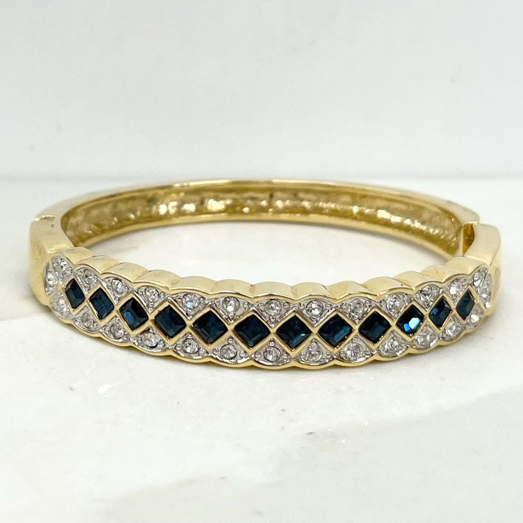 Vintage Gold Plate 1980’s Bangle with Sapphire Blue & Clear Diamante Crystals Costume Jewellery MillyOliverVintage