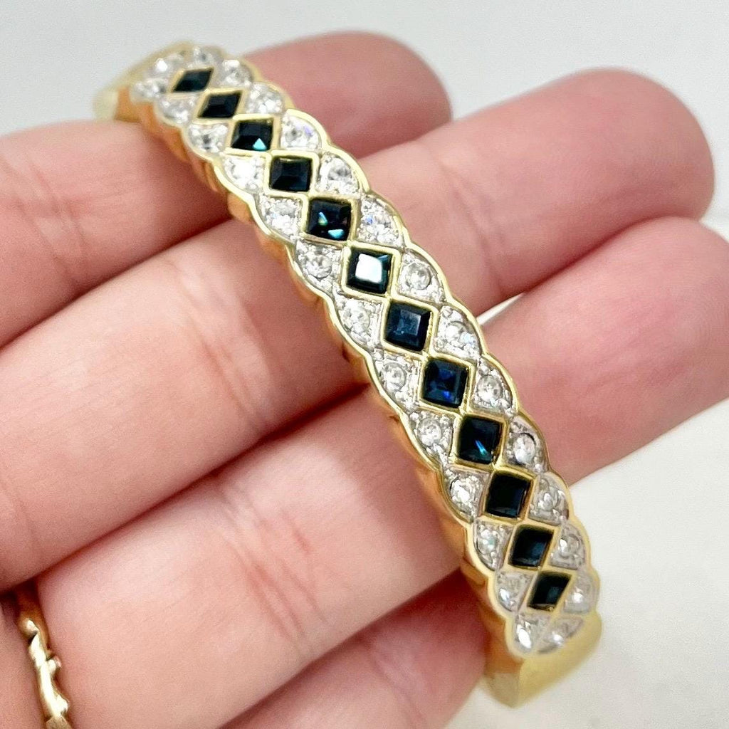 Vintage Gold Plate 1980’s Bangle with Sapphire Blue & Clear Diamante Crystals Costume Jewellery MillyOliverVintage