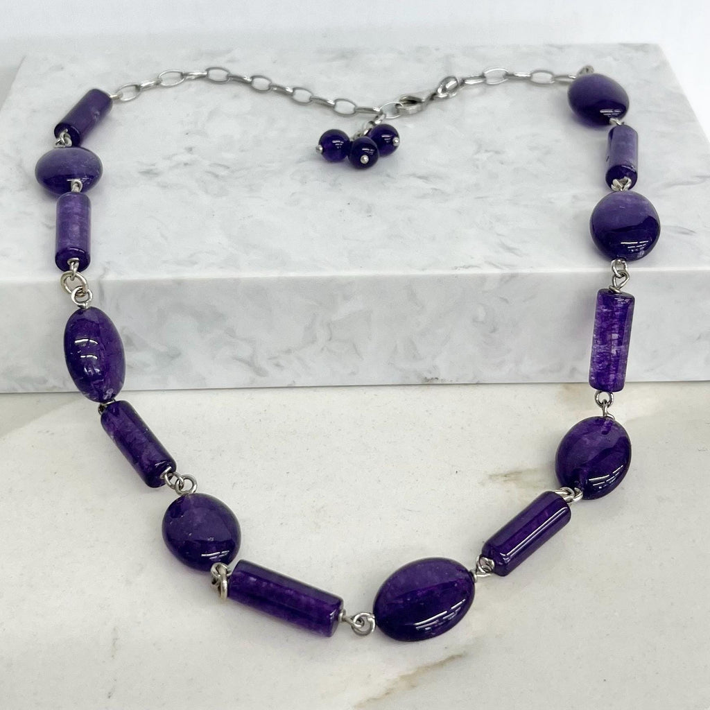 Handcrafted Sterling Silver & Amethyst Bead Necklace 14 - 17” Long MillyOliverVintage