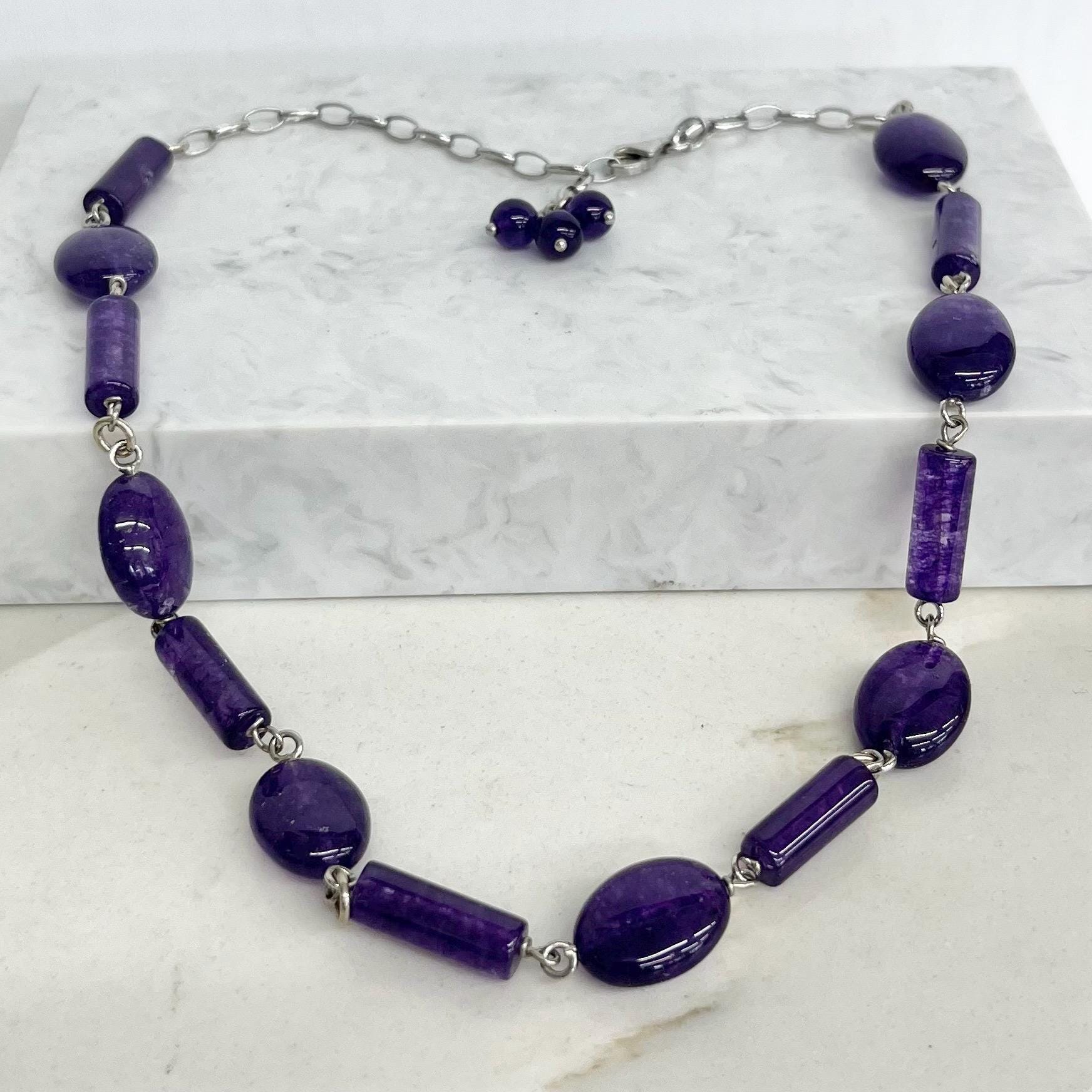 Handcrafted Sterling Silver & Amethyst Bead Necklace 14 - 17” Long MillyOliverVintage