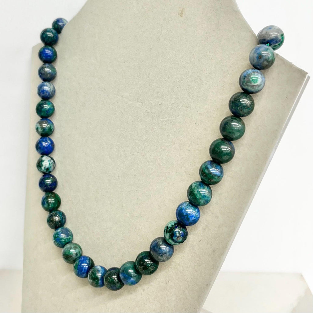 Handcrafted Hand Knotted Azurite Bead Necklace 18” Long with a Chunky White Metal Clasp MillyOliverVintage