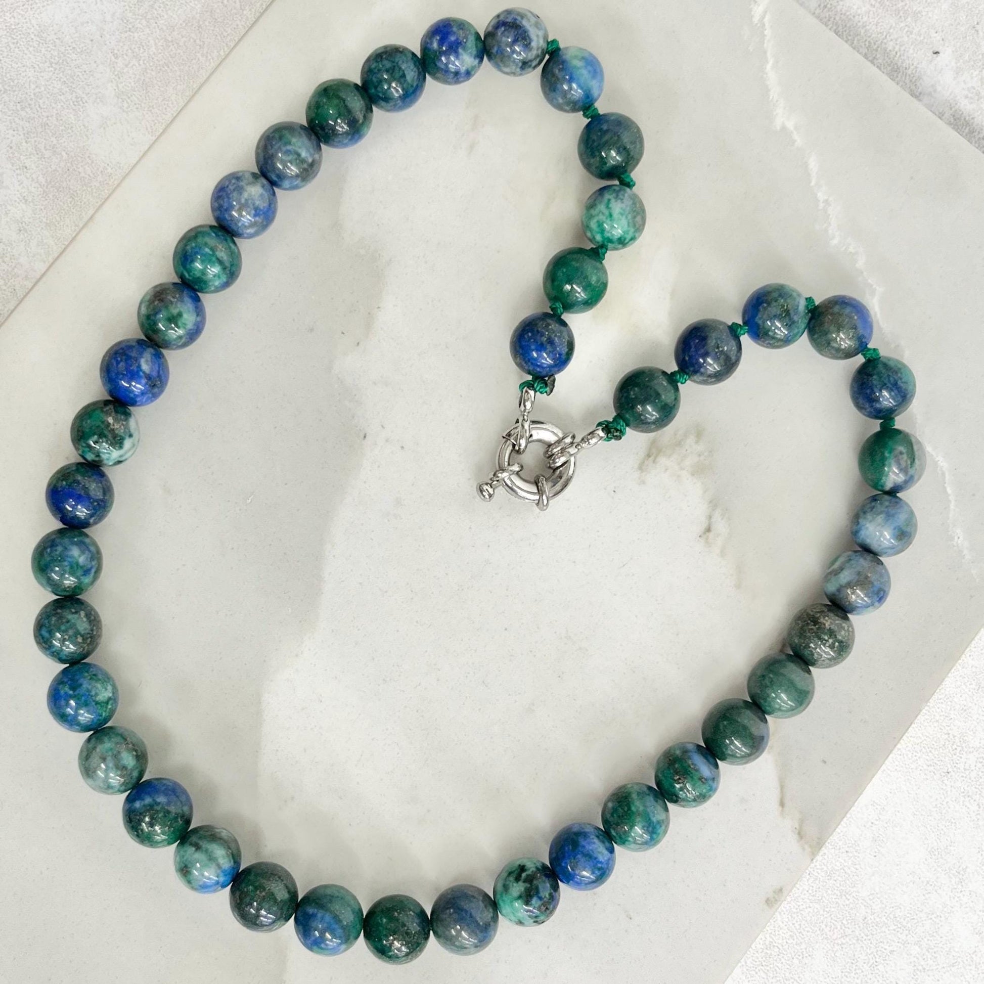 Handcrafted Hand Knotted Azurite Bead Necklace 18” Long with a Chunky White Metal Clasp MillyOliverVintage