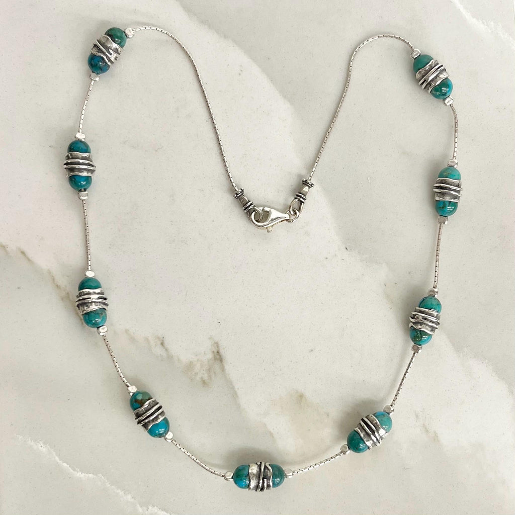 Handcrafted Sterling Silver & Turquoise Bead Necklace 17.5” Long Artisan Design MillyOliverVintage