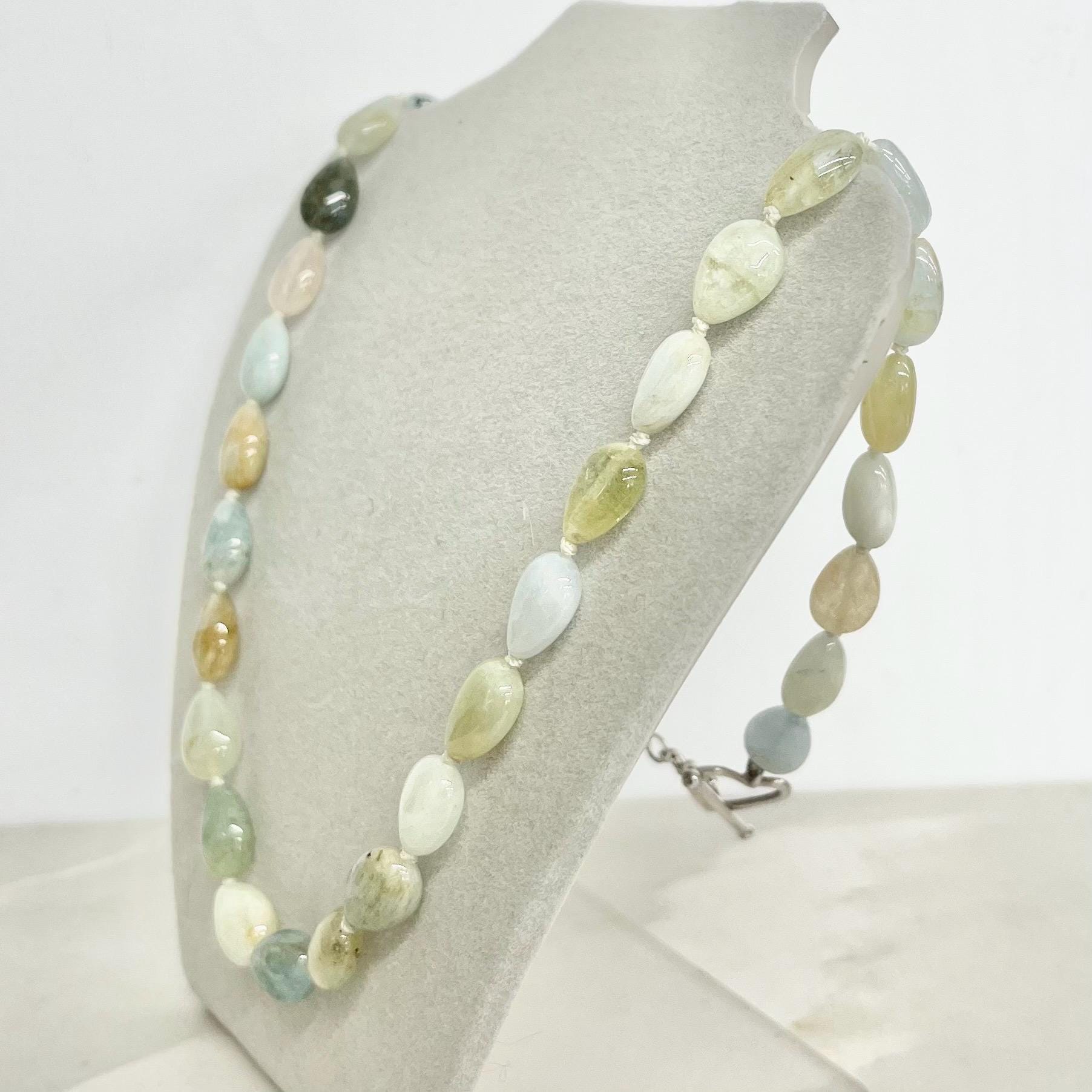Handcrafted Aquamarine Semi Precious Bead Necklace 19” Long with a Heart Shaped Sterling Silver Toggle Clasp MillyOliverVintage