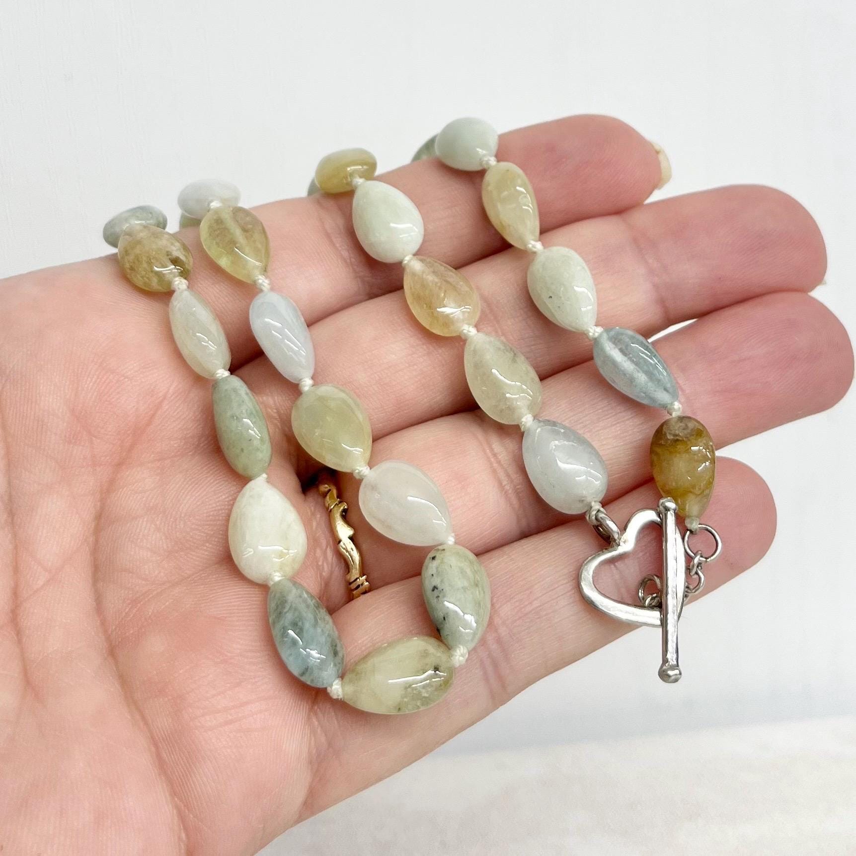 Handcrafted Aquamarine Semi Precious Bead Necklace 19” Long with a Heart Shaped Sterling Silver Toggle Clasp MillyOliverVintage