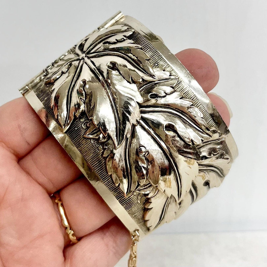 Wide Cuff Bracelet - Vintage 1970’s 1980’s Gold Tone Floral Wide Bangle MillyOliverVintage