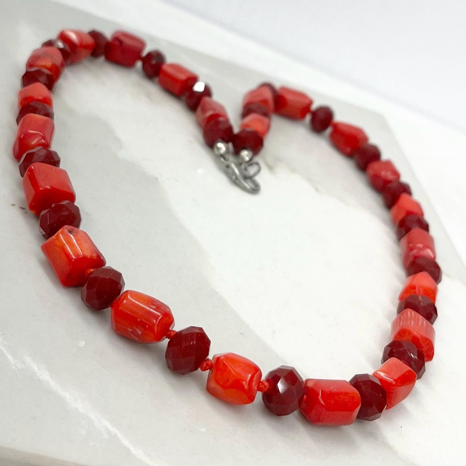 Antique Vintage Red Coral Barrel Bead Necklace with Faceted Ruby Coloured Beads Hand Knotted MillyOliverVintage