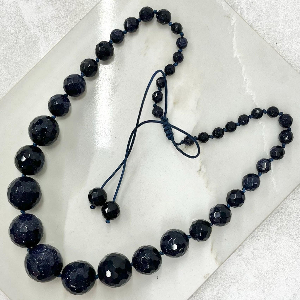 Vintage Blue Goldstone Faceted Graduated Bead Necklace Excellent Quality Beads Vintage Jewellery Hand Knotted Adjustable Length MillyOliverVintage