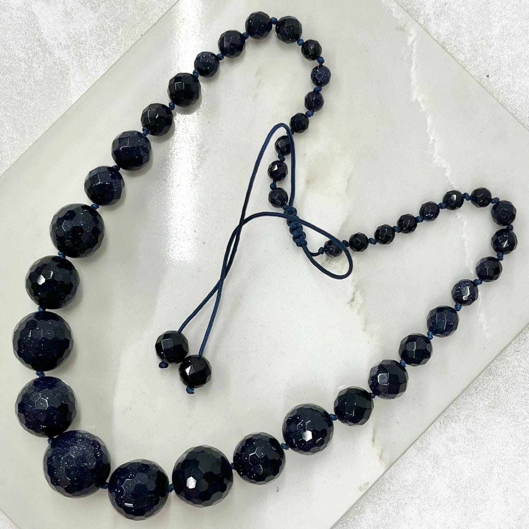 Vintage Blue Goldstone Faceted Graduated Bead Necklace Excellent Quality Beads Vintage Jewellery Hand Knotted Adjustable Length MillyOliverVintage