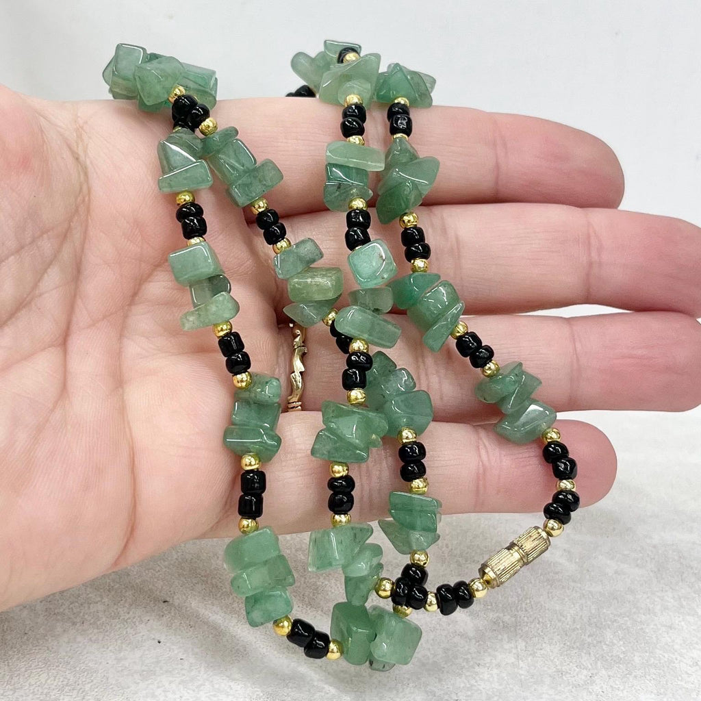 Vintage Green Aventurine Chip Bead Necklace Semi Precious with Black & Gold Accents 24” Long MillyOliverVintage