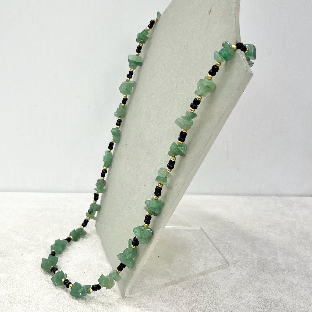 Vintage Green Aventurine Chip Bead Necklace Semi Precious with Black & Gold Accents 24” Long MillyOliverVintage