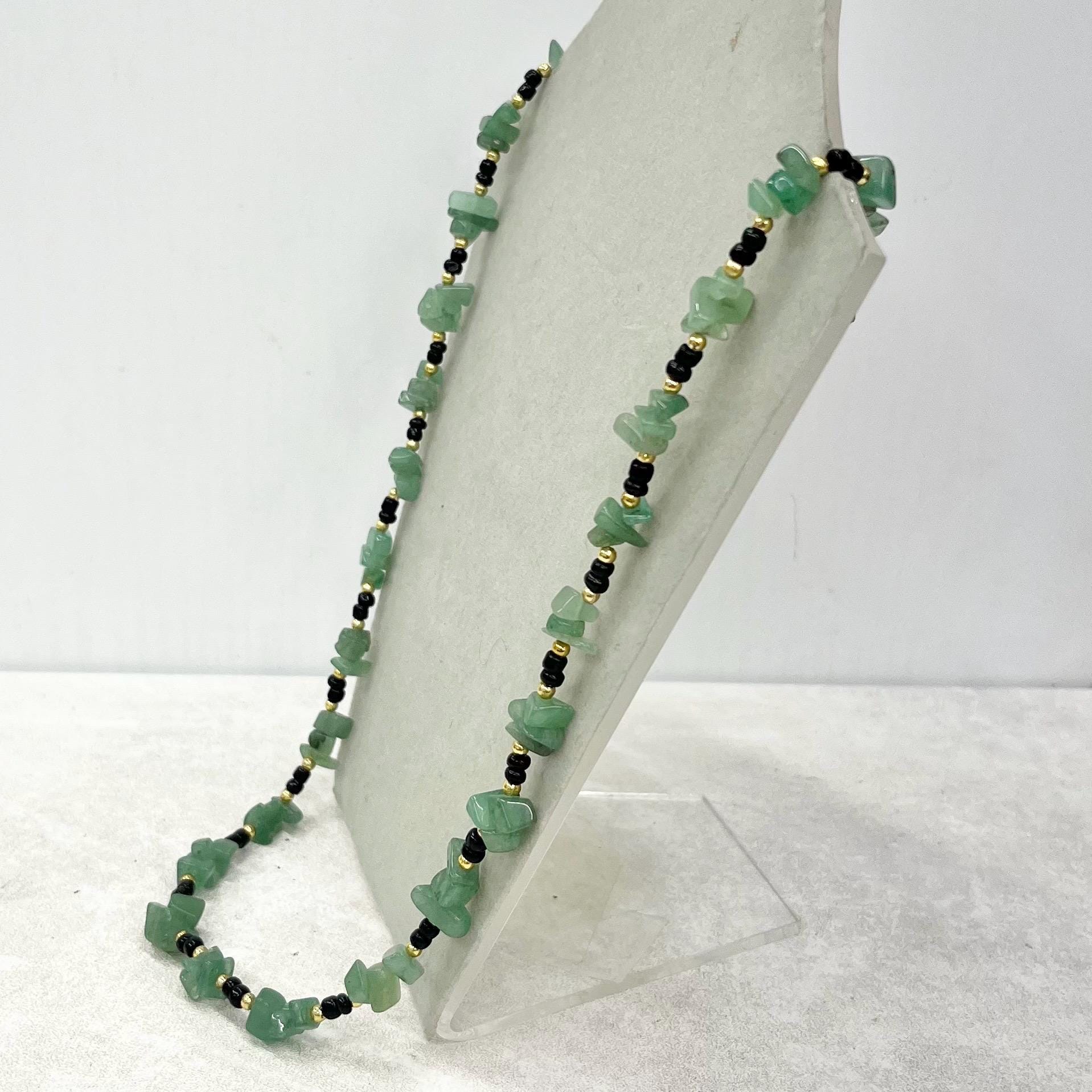 Vintage Green Aventurine Chip Bead Necklace Semi Precious with Black & Gold Accents 24” Long MillyOliverVintage