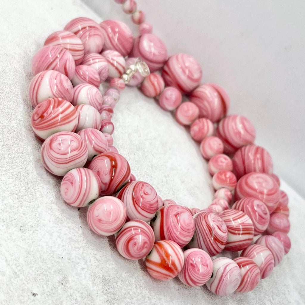 Art Deco Pink Swirl Graduated Glass Bead Necklace 27” Long MillyOliverVintage