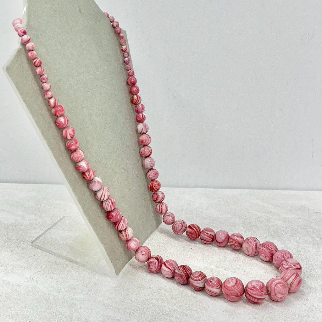 Art Deco Pink Swirl Graduated Glass Bead Necklace 27” Long MillyOliverVintage