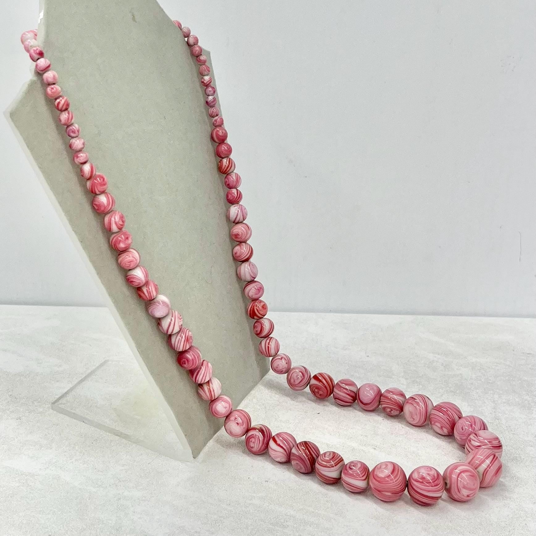 Art Deco Pink Swirl Graduated Glass Bead Necklace 27” Long MillyOliverVintage