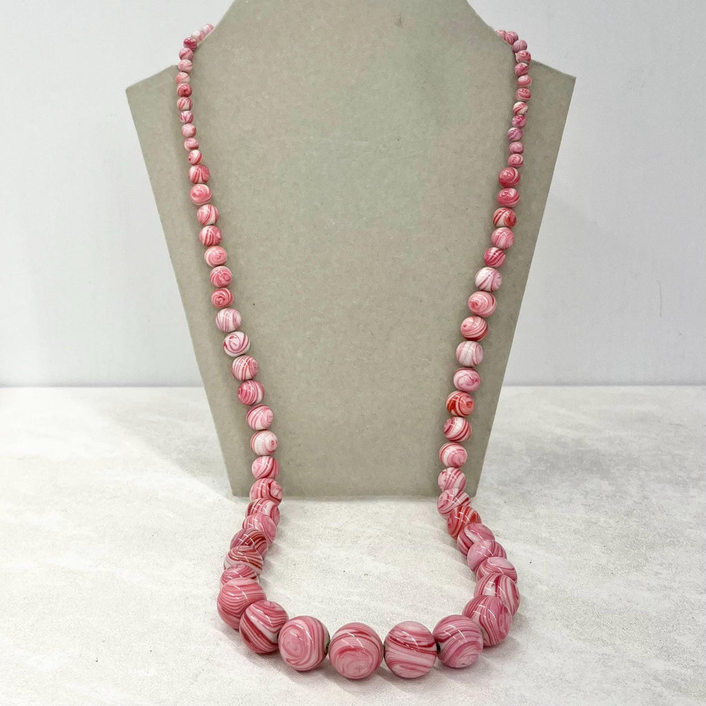Art Deco Pink Swirl Graduated Glass Bead Necklace 27” Long MillyOliverVintage