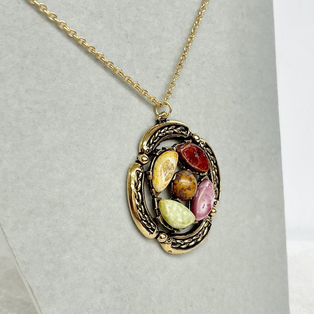 Celtic Pendant - Vintage 1970‘s Gold Tone Necklace with Glass Cabochons and a 24” Curb Chain Brown Centre MillyOliverVintage