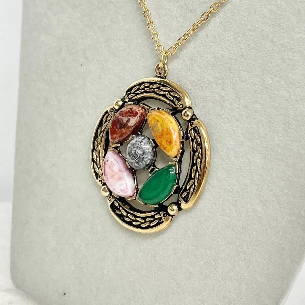 Celtic Pendant - Vintage 1970‘s Gold Tone Necklace with Glass Cabochons and a 24” Curb Chain Grey Centre MillyOliverVintage